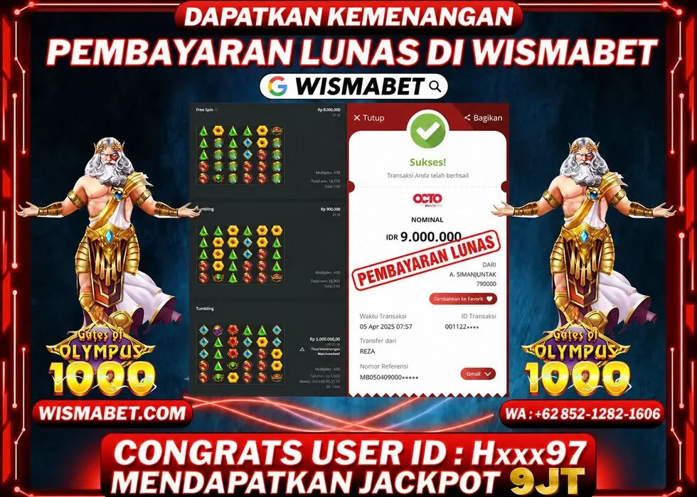 Wismabet - BUKTI KEMENANGAN JACKPOT Gates of Olympus 1000 Rp9,000,000,- LUNAS